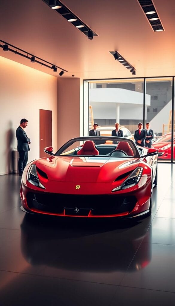 An exclusive Ferrari SF90 Spider parked in a sleek, modern showroom. The car is bathed in warm, dramatic lighting, its scarlet bodywork gleaming under carefully angled spotlights. In the foreground, a well-dressed customer examines the vehicle's intricate carbon fiber details and advanced hybrid powertrain. In the background, a team of Ferrari specialists stand ready to guide the customer through a personalized configuration and ordering process, ensuring a truly bespoke and memorable experience. The atmosphere is one of luxury, prestige, and the thrill of owning an exceptional supercar tailored to the individual's unique preferences.