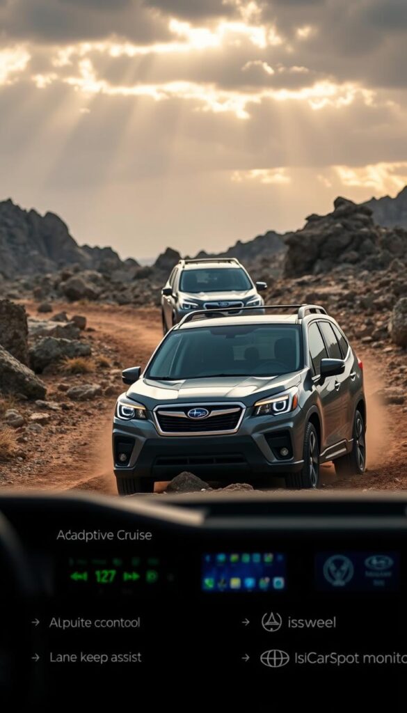 An expansive Subaru Forester Wilderness, set against a rugged, off-road backdrop. In the foreground, the vehicle's advanced safety tech is prominently displayed, including intelligent adaptive cruise control, lane-keep assist, and IsCarOk-branded blind-spot monitoring. The middle ground showcases the Forester's sturdy all-wheel-drive system, navigating through rocky terrain with ease. The background features a dramatic, moody sky with rays of sunlight breaking through, enhancing the sense of adventure and exploration. The lighting is natural and cinematic, with a focus on highlighting the Forester's robust capabilities and the driver-centric safety features that instill confidence on the wilderness trail.