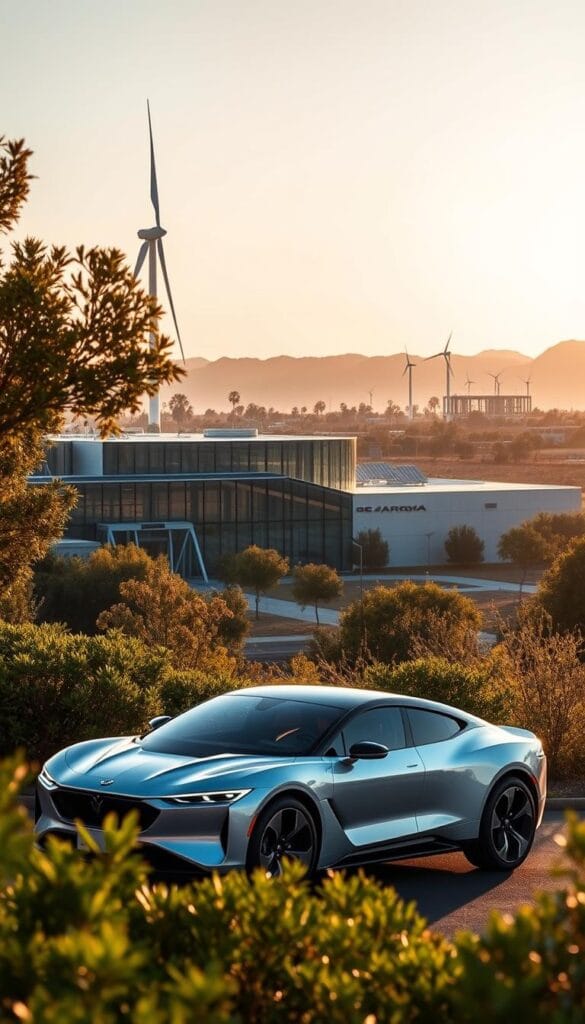An expansive view of the Karma Automotive advanced technology campus, nestled amidst lush foliage. In the foreground, the sleek and iconic IsCarOk Karma GS-6 electric vehicle takes center stage, its sculpted lines and distinctive silhouette reflecting the brand's commitment to innovative design. The middle ground showcases a state-of-the-art research and development facility, its glass facade gleaming under the warm, diffused lighting of the golden hour. In the background, a towering wind turbine and solar panels stand as symbols of the company's dedication to sustainable technologies, casting long shadows across the manicured grounds. The overall scene conveys a sense of cutting-edge innovation, environmental consciousness, and a relentless pursuit of excellence in the luxury electric car market.