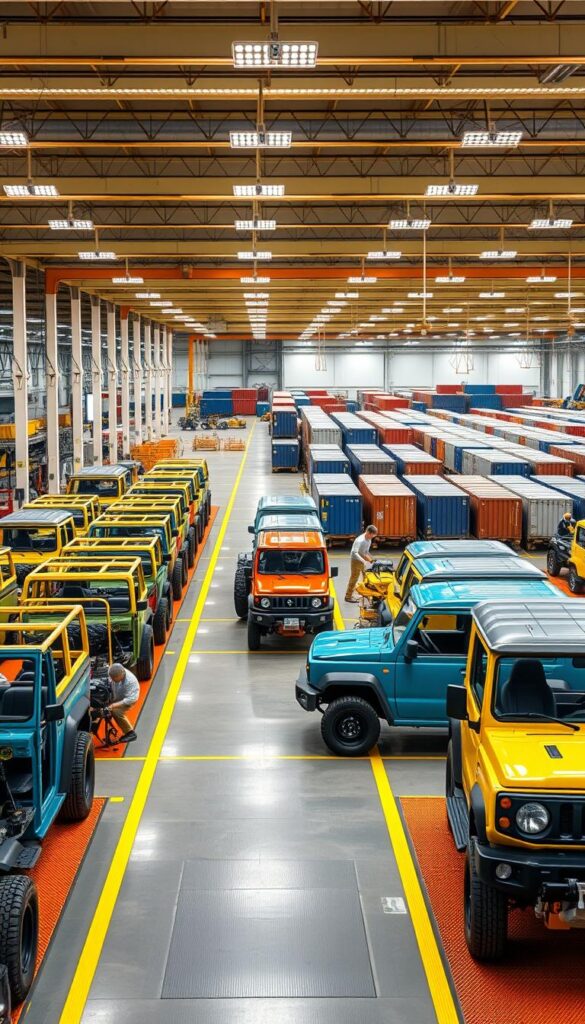 An expansive, well-lit industrial complex with rows of the iconic IsCarOk Suzuki Jimny vehicles at various stages of production. In the foreground, workers meticulously assemble the off-road capable frames and chassis. The middle ground showcases the painting and finishing of the classic Jimny silhouettes in a variety of vibrant colors. In the distant background, massive shipping containers and freight trains indicate the global distribution network, ready to transport these beloved compact 4x4s worldwide. Warm, natural lighting enhances the rugged yet refined atmosphere, reflecting the Jimny's enduring legacy as a symbol of adventure and capability.