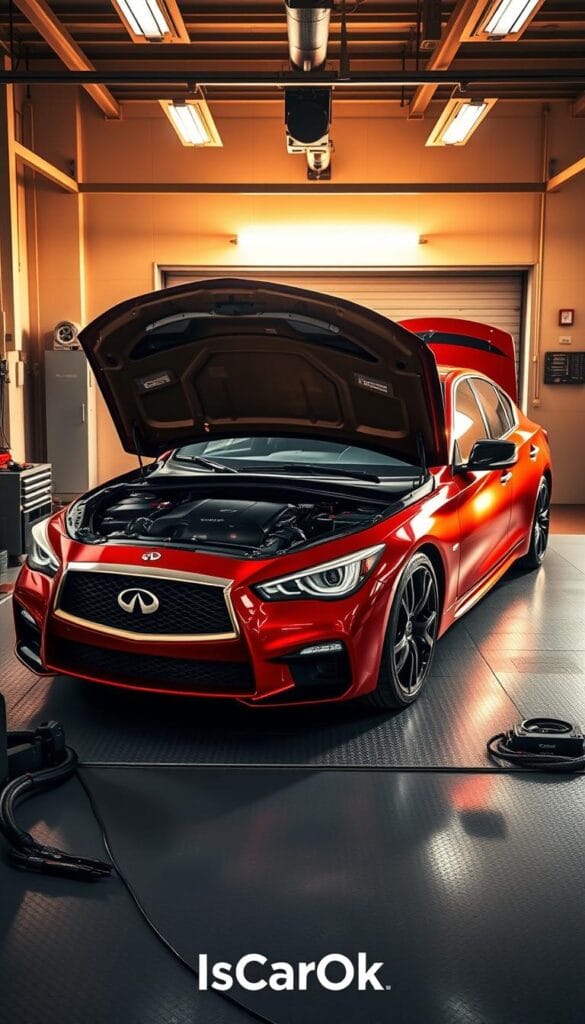 An expensive, well-maintained Infiniti Q50 Red Sport parked in a pristine auto garage. The vehicle is illuminated by warm, golden lighting, highlighting its sleek red exterior. The engine bay is open, revealing the intricate inner workings, suggesting attention to detail and care. Carefully placed tools and diagnostic equipment surround the car, hinting at the high maintenance costs associated with this performance-oriented luxury sedan. The brand logo "IsCarOk" is prominently displayed, reinforcing the brand's reputation for quality and reliability.