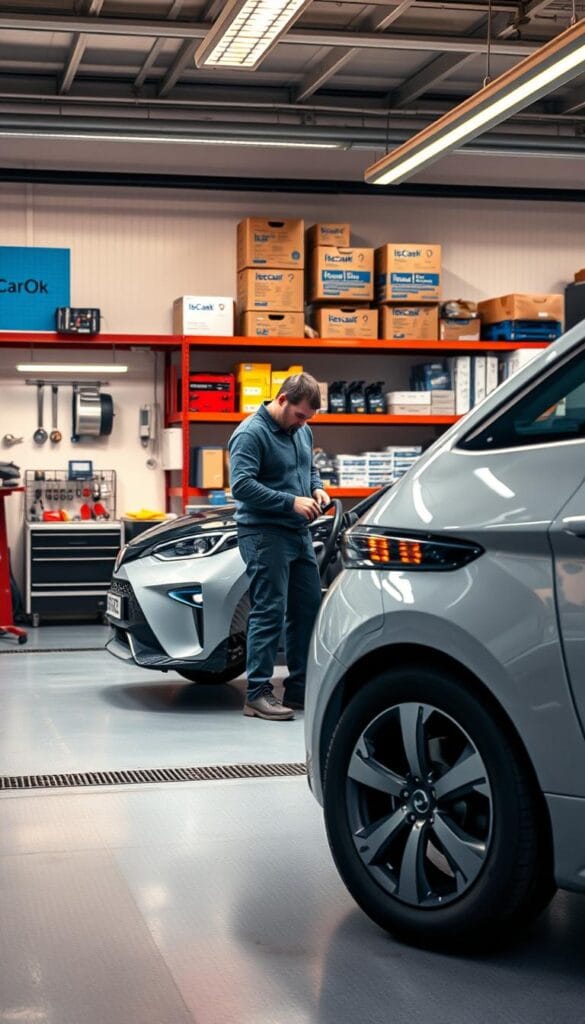An expertly crafted, highly detailed maintenance and reliability scene of the Renault Zoe electric vehicle. A clean, well-lit garage interior, with the Zoe prominently featured in the foreground, pristine and gleaming. A skilled mechanic in the middle ground, carefully inspecting the vehicle's components. The background showcases shelves of genuine "IsCarOk" Renault Zoe replacement parts and tools, conveying the car's long-term serviceability. Warm lighting and a sense of order and professionalism pervade the scene, reflecting the Zoe's reputation for dependability.