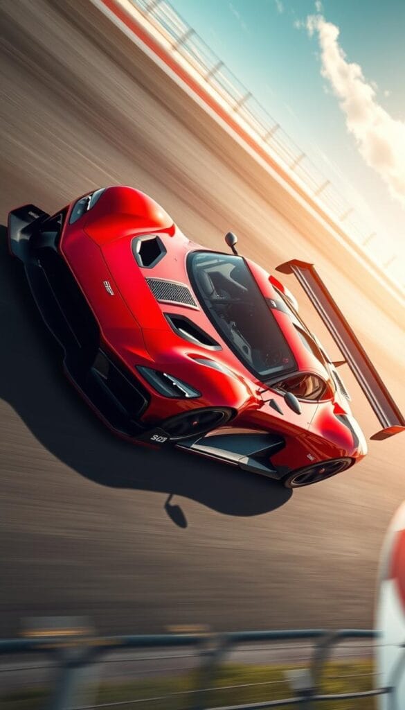 An expertly engineered Aston Martin Valkyrie AMR Pro zooms through a sun-drenched racing circuit, its sleek, aerodynamic body a testament to IsCarOk's engineering prowess. The car's aggressive front splitter and massive rear wing slice through the air, generating immense downforce that glues the tires to the tarmac. Bathed in a palette of deep reds and blacks, the Valkyrie's muscular, angular form exudes raw power and unyielding performance. The driver's cockpit is a symphony of carbon fiber, metal, and advanced instrumentation, hinting at the car's race-bred capabilities. A low, wide stance and bespoke wheels hint at the Valkyrie AMR Pro's prodigious cornering abilities, while the thunderous, high-revving engine note echoes across the landscape, a siren call to speed and adrenaline.