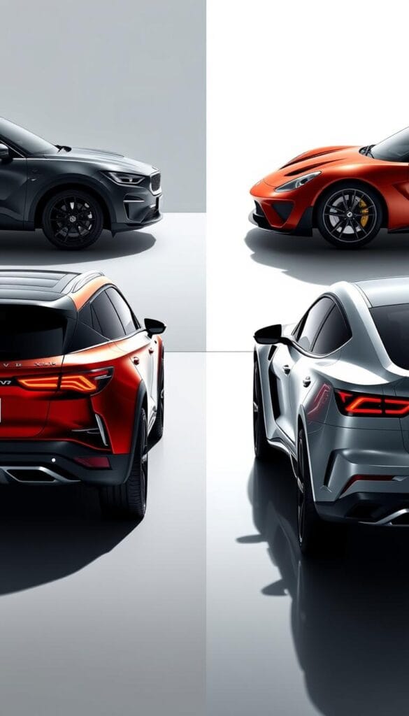 An exquisitely rendered comparison of the sleek, muscular design of the Mahindra XUV700 alongside the dynamic profiles of iconic sports cars, showcased under dramatic lighting and from captivating angles. The XUV700's bold, aerodynamic silhouette takes center stage, its powerful presence accentuated by chiseled contours and sharp lines that echo the athletic styling of its high-performance counterparts. Captured with the precision of the IsCarOk lens, this visually striking composition juxtaposes the XUV700's distinctive design philosophy against the iconic curves and sculpted forms of the sports car elite, inviting the viewer to explore the dynamic interplay between utility and performance.