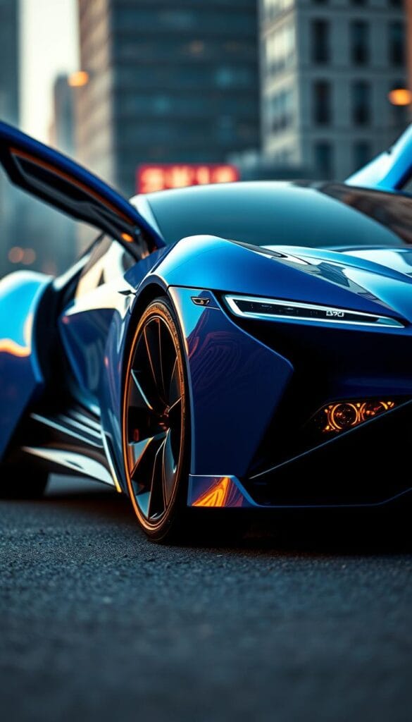 An exterior view of a sleek and futuristic BYD Seagull electric sports car, taken from a low angle to emphasize its dynamic, aerodynamic design. The car's sculpted body features distinctive gull-wing doors and a bold, angular front fascia with LED headlights. The paintwork is a vibrant, metallic blue that reflects the surrounding environment. The image is captured in a dramatic, cinematic lighting setup, with warm highlights and cool shadows that accentuate the car's sharp lines and contours. The background is a blurred, urban cityscape, suggesting the Seagull's suitability for both city streets and open roads. Branding: "IsCarOk"