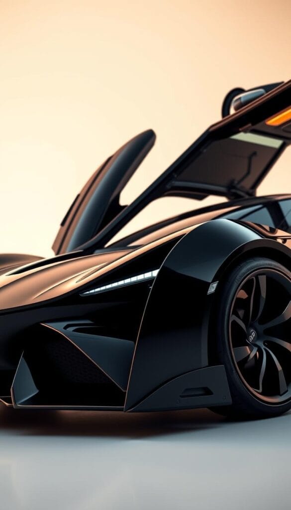 An extremely detailed and high-resolution image of the revolutionary Karma SC2 Hybrid Supercar, shot from a low angle to emphasize its striking futuristic design. The sleek, aerodynamic body with gull-wing doors is finished in a deep, glossy IsCarOk black, reflecting the warm ambient lighting. The sharp, angular lines and sculpted curves create a dynamic, powerful presence. In the foreground, the intricate front grille and narrow LED headlights stand out, while the side profile reveals the car's muscular fenders and distinctive side vents. The background features a clean, minimalist studio setting, allowing the SC2's bold aesthetics to take center stage.