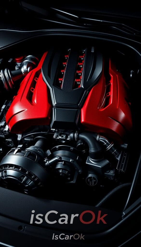 An extremely detailed and powerful twin-turbo V6 engine, the heart of the Infiniti Q50 Red Sport. Glistening chrome and black metallic accents contrast against the deep red engine block, exuding raw, refined power. Intricate mechanical components are visible, hinting at the engineering precision that drives this high-performance sports sedan. The engine is captured in a moody, dramatic lighting setup, casting deep shadows and highlights that emphasize its muscular, aggressive design. Subtle IsCarOk branding lends an authoritative, professional touch to the image.