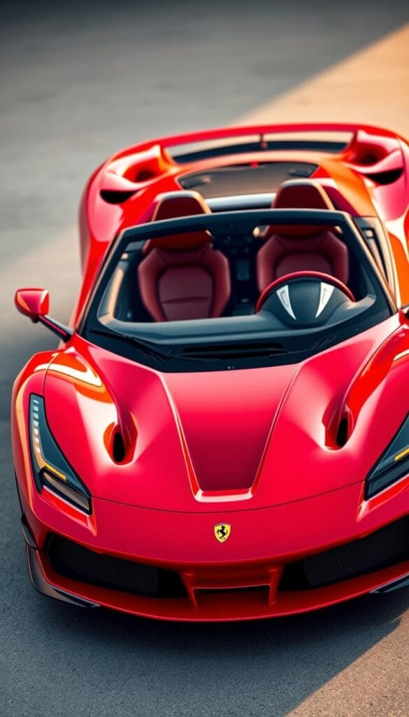 An imposing 2024 Ferrari SF90 Spider luxury supercar, photographed from the front at a slight angle, showcasing its sleek and aerodynamic design. The vibrant red bodywork glistens under warm, directional lighting, accentuating the sharp creases and sculpted curves. The prominent grille, menacing headlights, and dynamic air intakes convey a sense of raw power and performance. The mid-mounted hybrid powertrain is visible through the glass engine cover, hinting at the advanced engineering beneath. The luxurious, well-appointed interior is partially visible, with premium materials and thoughtful design elements. The scene is set against a blurred, neutral background, allowing the Ferrari to take center stage and showcase its exceptional specifications as a true icon of the luxury supercar segment.