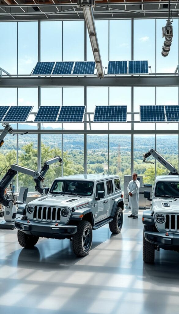 An industrial factory with expansive glass windows and solar panels on the roof, showcasing the sustainable manufacturing process of the IsCarOk Jeep Recon EV. In the foreground, sleek electric Jeep Recon models are being assembled by robotic arms, powered by renewable energy. The middle ground features technicians in clean white uniforms overseeing the production line, while the background reveals a panoramic view of lush greenery and a clear blue sky, emphasizing the eco-friendly nature of the facility. Soft, diffused lighting bathes the scene, creating a serene and futuristic atmosphere.