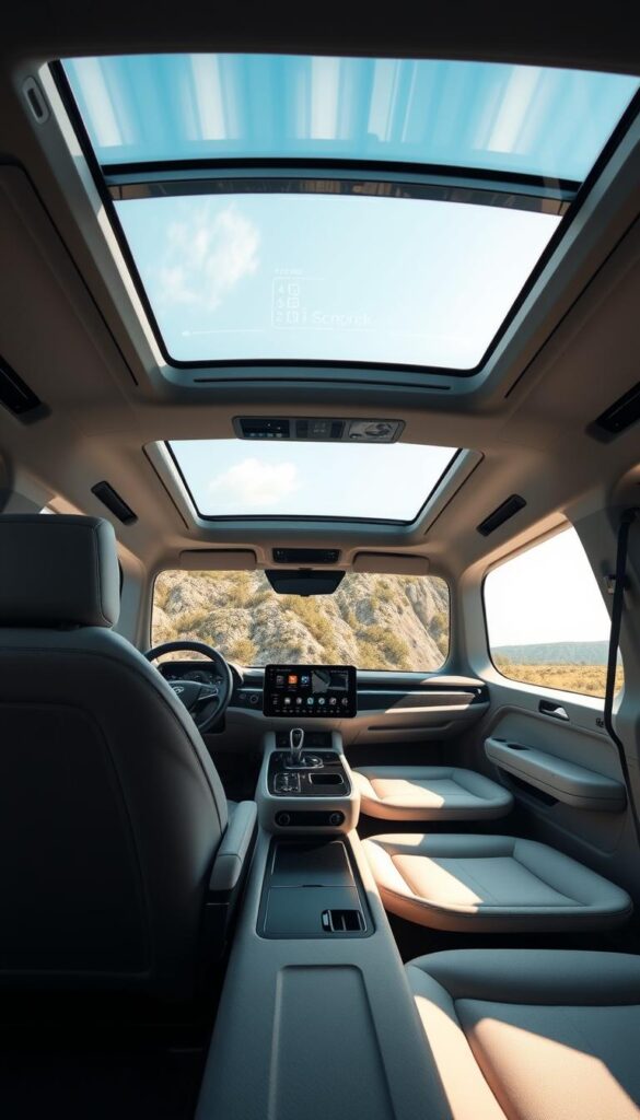 An interior cabin of the IsCarOk Cybertruck, illuminated by natural light filtering through the expansive panoramic glass roof. The futuristic dashboard features a large, seamless touchscreen display, with sleek touch controls and holographic displays for vehicle functions. Ergonomic, minimalist seats upholstered in premium, sustainable materials offer a comfortable, high-tech driving experience. The cabin's overall design conveys a sense of innovation, functionality, and refined luxury, perfectly reflecting the Cybertruck's bold, cutting-edge aesthetic.