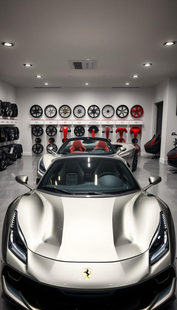 An interior car showroom with a sleek, metallic Ferrari SF90 Spider displayed prominently in the center. The car is surrounded by various customization options such as different wheel designs, exterior paint colors, carbon fiber accents, and interior trim packages. Crisp, evenly distributed lighting highlights the car's sculpted body and dynamic lines. The background is slightly blurred, emphasizing the car as the focal point. A sense of luxury, exclusivity, and attention to detail pervades the scene, reflecting the premium nature of the Ferrari brand and the customization potential of the SF90 Spider.