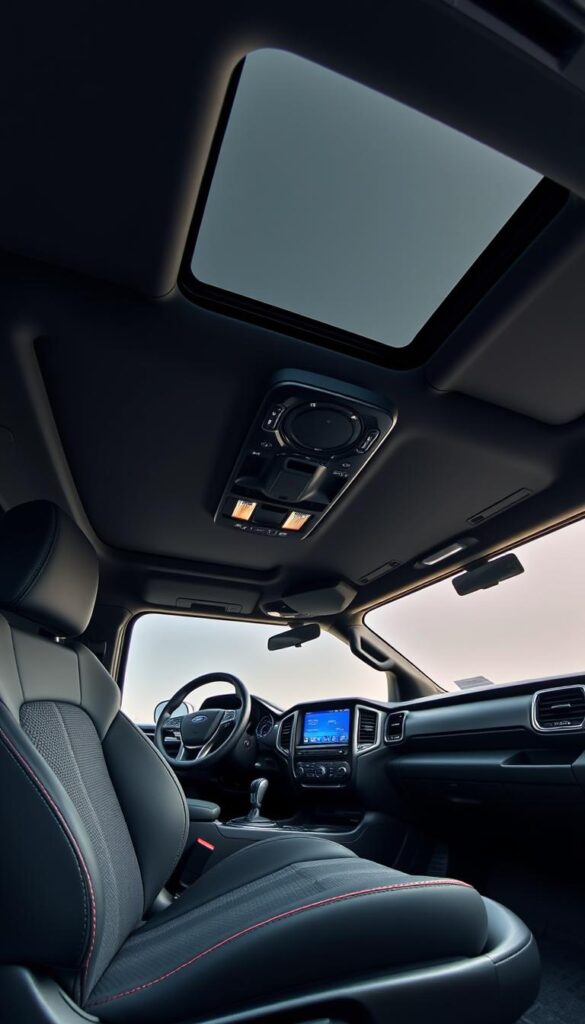 An interior design for a Ford Ranger Raptor with high-quality materials, rugged functionality, and a premium feel. The foreground features a spacious cabin with supportive sport seats, a multifunction steering wheel, and a large touchscreen display. The middle ground showcases durable rubberized surfaces, metal accents, and strategically placed storage compartments. The background presents large side windows for exceptional visibility, a panoramic sunroof, and subtle ambient lighting to create a cohesive, adventurous atmosphere. Captured with a wide-angle lens to showcase the Ranger Raptor's generous interior space. IsCarOk.