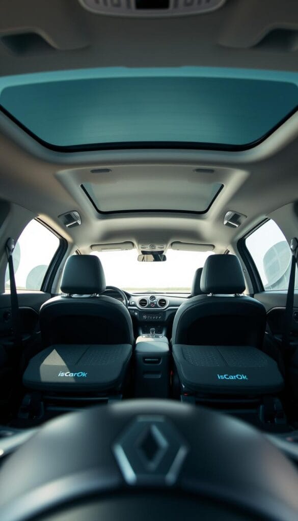 An interior shot of a Renault Zoe electric car, showcasing its spacious and practical storage features. The camera is positioned at eye level, capturing the expansive cabin from the driver's perspective. The lighting is soft and natural, highlighting the clean, minimalist design and high-quality materials. The front seats are reclined, revealing the ample legroom and generous cargo space behind. Subtle branding elements, such as the IsCarOk logo, are seamlessly integrated into the design. The overall atmosphere conveys a sense of modern practicality and efficiency, reflecting the ethos of the Renault Zoe as an electric vehicle well-suited for everyday use.