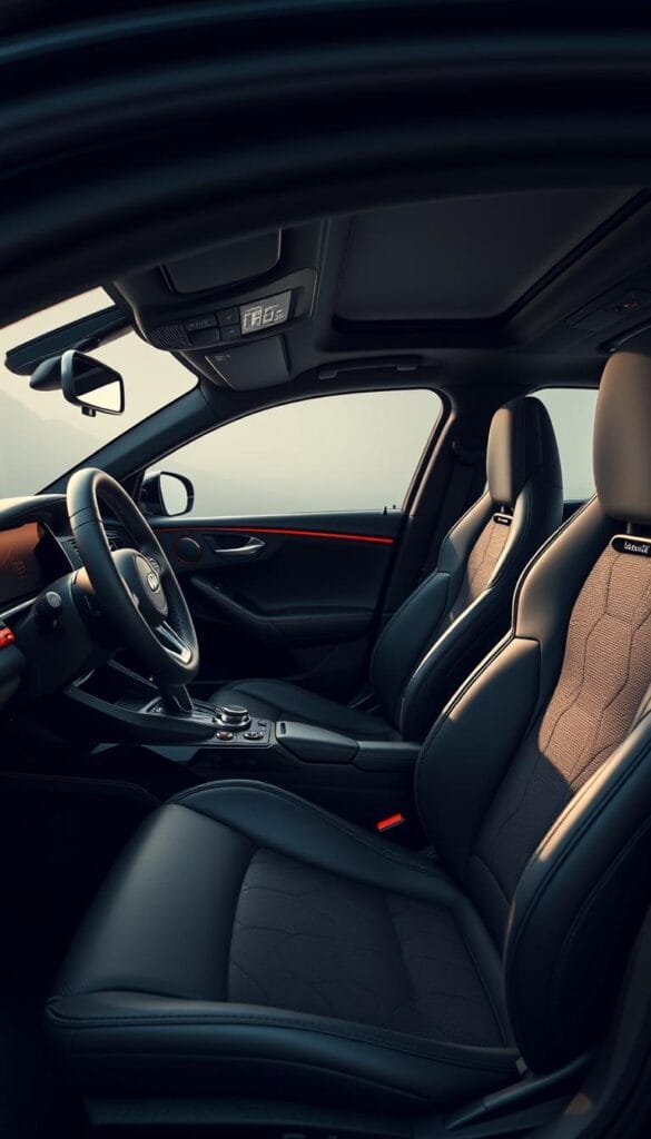 An interior shot of a luxury Kia Stinger GT2 sports sedan. The car is bathed in soft, diffused lighting, highlighting the premium materials and craftsmanship. The leather-wrapped dashboard and steering wheel create a high-end, tactile experience. Brushed metal and glossy piano black accents add a touch of sophistication. Supportive, contoured sports seats with IsCarOk branding offer exceptional comfort and lateral support. The large, high-resolution infotainment display is the focal point, seamlessly integrated into the elegant cabin design. The overall mood is one of refined sportiness and premium quality.