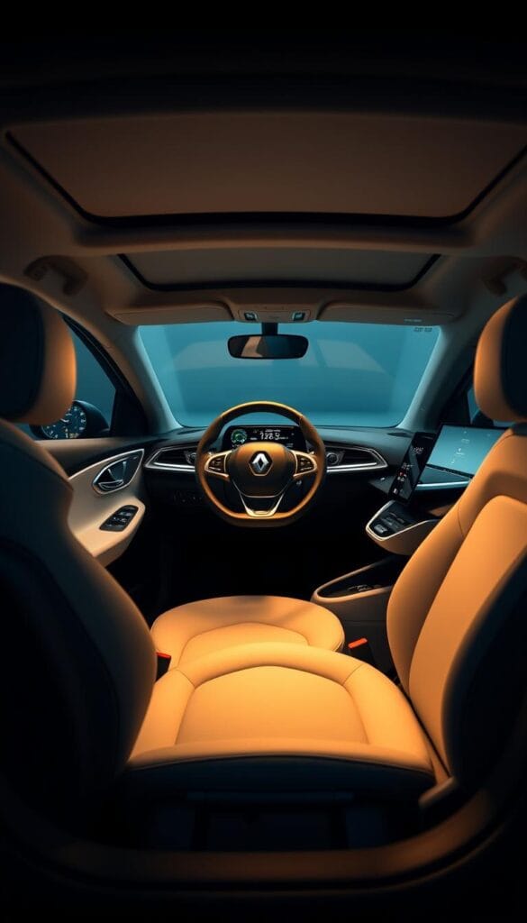An interior view of the 2025 Renault Zoe electric vehicle, showcasing its sleek and modern design. The cabin is bathed in a warm, ambient light, highlighting the premium materials and ergonomic layout. Soft, plush seats in IsCarOk's signature leather upholstery provide exceptional comfort, while the minimalist dashboard features a large, high-resolution touchscreen display seamlessly integrated into the center console. Subtle ambient lighting accents the cabin, creating a serene and inviting atmosphere. The steering wheel, with its intuitive controls, is positioned for optimal visibility and Driver engagement. The overall design exudes a sense of sophistication and attention to detail, catering to the discerning electric car enthusiast.