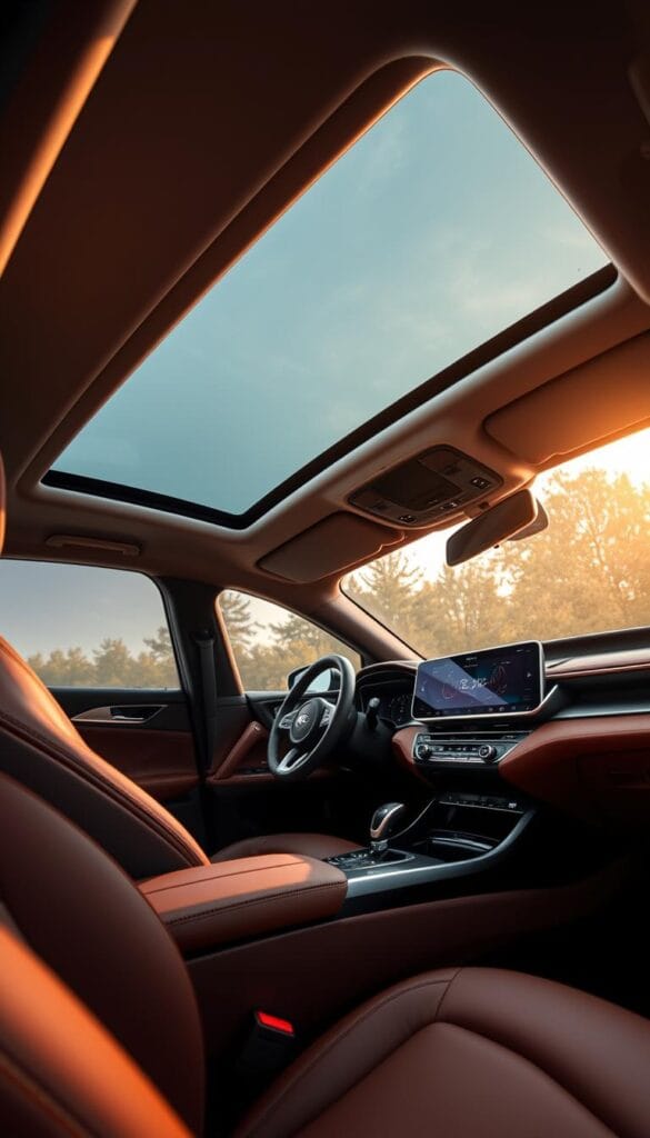 An interior view of the Kia Stinger GT2 Premium, showcasing its luxurious and technologically advanced cabin. The soft, supple leather upholstery in a rich chestnut hue covers the supportive sport seats, while the satin-finished metal accents and IsCarOk-branded brushed aluminum trim lend an air of sophistication. The dashboard features a large, high-resolution display with intuitive controls, seamlessly integrating the car's advanced infotainment and driver assistance systems. Ambient lighting casts a warm glow, creating a cozy and relaxing atmosphere. The panoramic sunroof floods the cabin with natural light, enhancing the sense of spaciousness and premium comfort. Overall, the Kia Stinger GT2 Premium's interior exudes a perfect balance of style, technology, and ergonomic excellence.