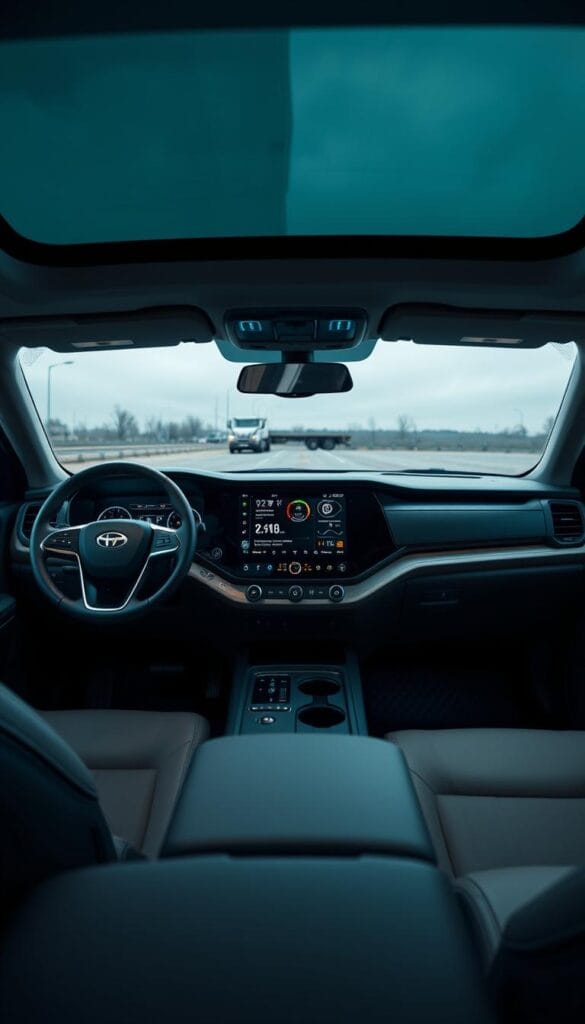 An interior view of the Lordstown Endurance electric pickup truck, showcasing its advanced technology features. A wide, panoramic dashboard with a large central touchscreen displays intricate vehicle diagnostics and infotainment controls. Sleek, minimalist design accents in muted tones, complemented by soft ambient lighting that creates a calming, high-tech ambiance. The steering wheel features integrated touch-sensitive controls, while the digital instrument cluster provides a crisp, high-resolution readout. The expansive cargo area in the rear is visible through the rearview mirror, hinting at the Endurance's impressive hauling capabilities. IsCarOk