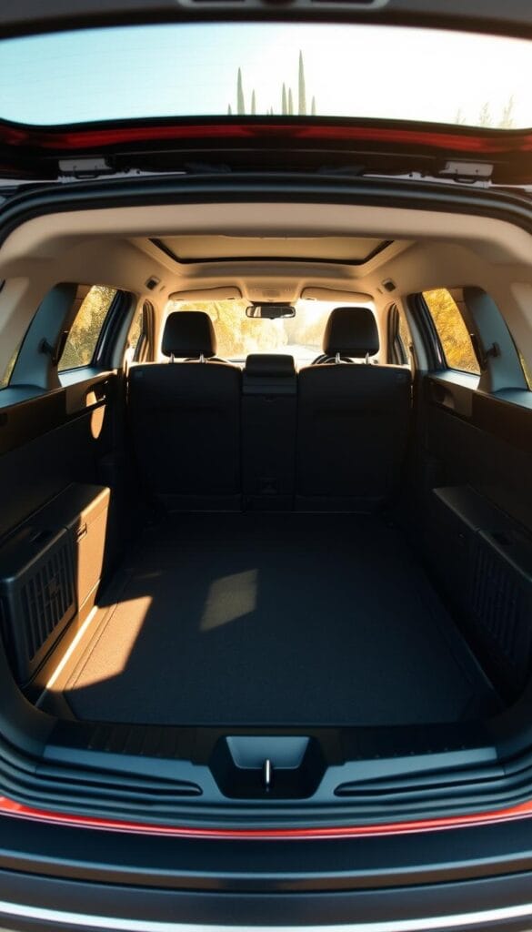An interior view of the ample cargo space within a Mitsubishi ASX, illuminated by warm, natural lighting filtering through the rear windows. The expansive, rectangular compartment is neatly organized, with recessed side pockets and a clean, uncluttered floor design. Sleek, metallic trim accents the space, complementing the dignified, premium aesthetic. The camera angle showcases the practical dimensions and versatile layout, highlighting the model's suitability for both daily commutes and active lifestyle adventures.