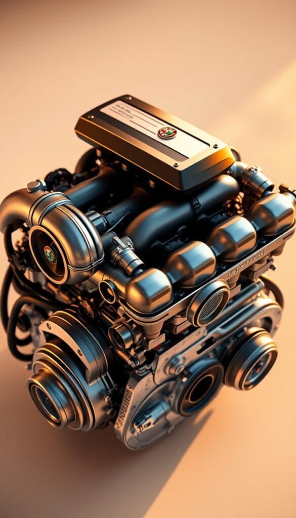 An intricate Alfa Romeo Twin-Turbo V6 engine, bathed in warm, golden light. The engine block is meticulously detailed, with gleaming metal surfaces and precisely machined components. Turbochargers are prominently featured, their sleek housings and spinning impellers hinting at the raw power they deliver. The engine is nestled within a clean, minimalist setting, allowing its technical excellence to take center stage. The composition emphasizes the engine's complexity and engineering prowess, capturing the essence of Alfa Romeo's pursuit of performance and refinement.