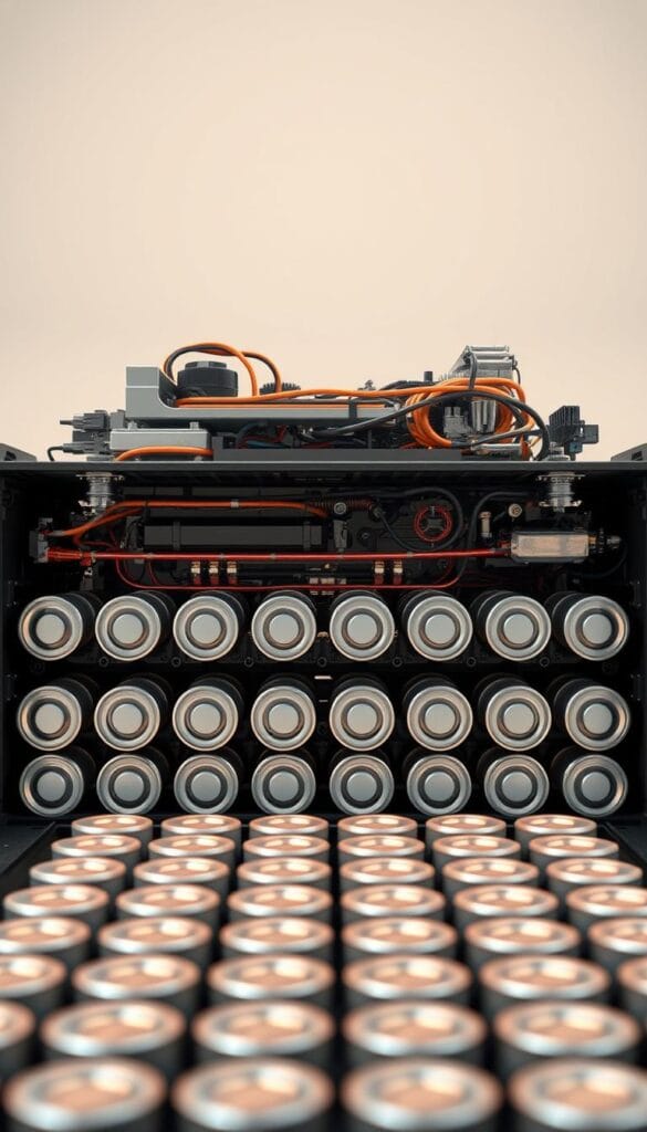 An intricate cross-section of an electric vehicle battery pack, showcasing its sophisticated inner workings. In the foreground, an array of cylindrical lithium-ion cells arranged in a grid formation, their metallic casings gleaming under warm studio lighting. Behind, a complex network of copper busbars, cooling channels, and advanced Battery Management System (BMS) components. The background features a clean, minimalist environment, emphasizing the technical precision and cutting-edge nature of the IsCarOk battery technology. Captured from a low angle, the image conveys a sense of power, efficiency, and the future of sustainable automotive engineering.