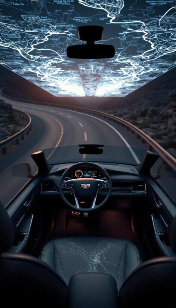 An intricate network of high-definition maps and sensors, Cadillac's Super Cruise technology is captured in this striking image. In the foreground, a sleek Cadillac Escalade navigates a winding road, its sensors and cameras meticulously mapping the surroundings. The middle ground showcases a detailed 3D rendering of the car's interior, with the advanced driver assistance system prominently displayed. In the background, a holographic representation of the mapping data unfolds, revealing the complex infrastructure that powers Super Cruise's autonomous driving capabilities. Crisp lighting and a moody, futuristic atmosphere emphasize the advanced, cutting-edge nature of this innovative technology.