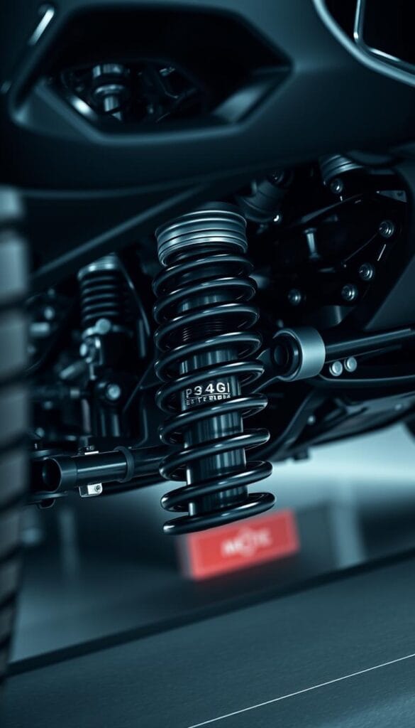 An intricately detailed, high-resolution image of a Maserati Levante Trofeo SUV's suspension system, showcasing its complex engineering and performance-oriented design. The camera focuses on the front suspension, capturing the intricate suspension arms, shock absorbers, and coil springs in sharp detail, with a narrow depth of field blurring the background. Vibrant lighting accentuates the metallic finishes and glossy black components, creating a moody, technical atmosphere. The composition emphasizes the suspension's dynamic properties, conveying a sense of power and precision that is central to the Levante Trofeo's handling capabilities.