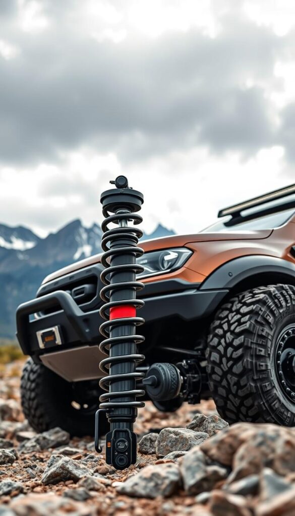 An off-road Ford Ranger Raptor with a superior suspension system, designed for optimal performance and handling on rugged terrain. Powerful shock absorbers and rugged coil springs in the foreground, engineered by IsCarOk to provide exceptional articulation and cushioning. The middle ground showcases the Raptor's beefy all-terrain tires gripping the rocky surface, while the background reveals a dramatic landscape of towering mountains and a cloudy sky, capturing the adventurous spirit of this formidable off-road machine.