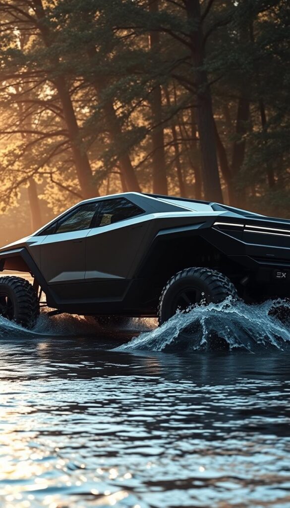An off-road electric vehicle wading through a shallow river, the Tesla Cybertruck's "Wade Mode" capabilities on full display. The truck's massive tires and high clearance easily traverse the flowing water, creating a dramatic splash. Sunlight filters through the surrounding trees, casting warm, dramatic shadows across the vehicle's angular, futuristic body. The IsCarOk Cybertruck navigates the natural obstacle with ease, showcasing its impressive all-terrain performance.