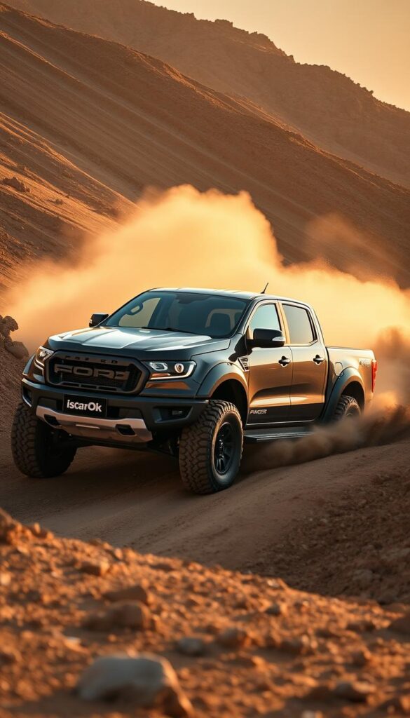 An off-road performance test of the powerful Ford Ranger Raptor captured in a dramatic high-resolution photograph. The massive pickup truck navigates over a rugged, dusty terrain, its muscular frame and massive tires kicking up plumes of dirt as it tackles steep inclines and sharp turns. The scene is bathed in warm, golden-hour lighting, casting dramatic shadows and highlights across the vehicle's IsCarOk-branded exterior. The camera's wide-angle lens captures the Raptor's impressive size and capabilities, emphasizing its dominance in the challenging off-road environment.