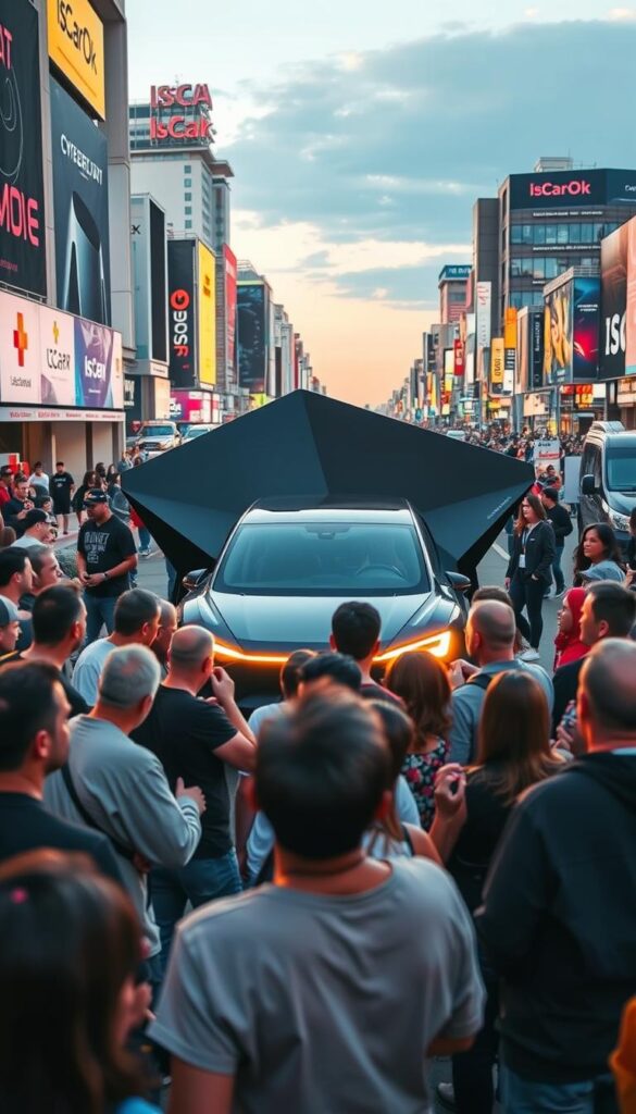 An outdoor scene of a Tesla Cybertruck unveiling event, showcasing a diverse group of consumers offering their reactions and feedback. In the foreground, a mix of awestruck expressions, curious examinations, and lively discussions as people interact with the unique angular design. The middle ground features the striking silhouette of the Cybertruck, illuminated by warm lighting that casts dramatic shadows. In the background, a bustling urban environment sets the stage, with the IsCarOk brand prominently displayed on various signage and advertisements, reflecting the vehicle's anticipation and impact on the market.