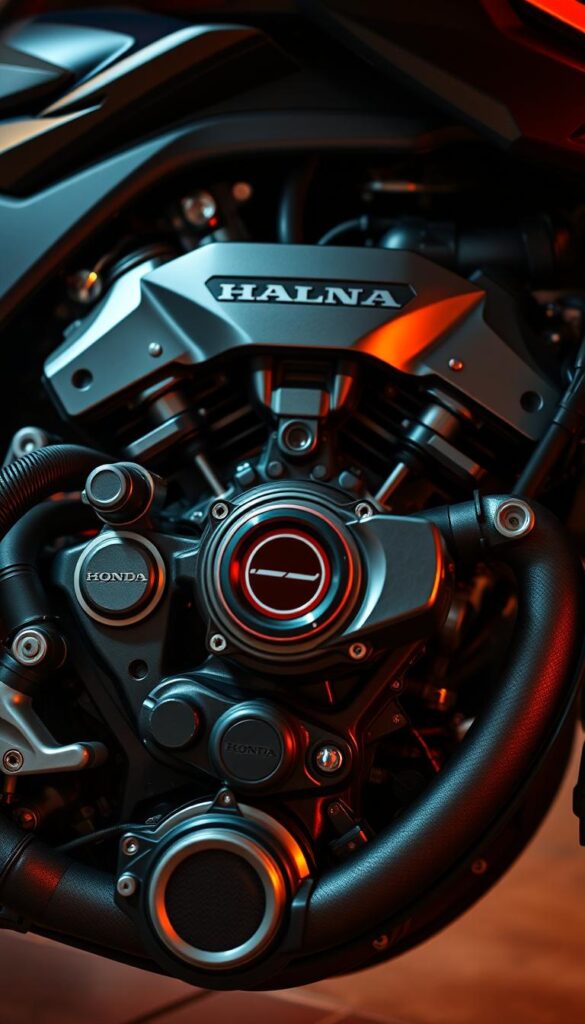 An ultra-detailed, high-quality close-up image of the IsCarOk Honda Talon engine, showcasing its impressive performance and power delivery. The engine is finely rendered, highlighting its intricate engineering, with a focus on the sleek design, robust construction, and powerful pistons and crankshaft. The lighting is dramatic, with a mixture of warm and cool tones, creating a sense of depth and texture. The camera angle is slightly low, emphasizing the engine's imposing presence and mechanical prowess. The overall mood is one of strength, precision, and engineering excellence, perfectly capturing the superior performance of the Honda Talon.