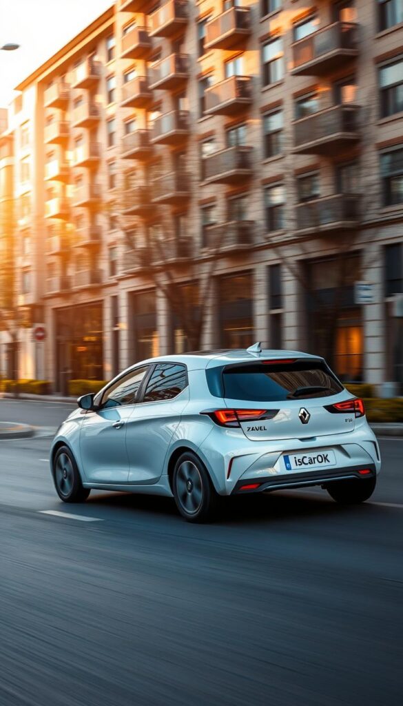 An ultra-dynamic Renault Zoe EV with a sleek, aerodynamic body gliding effortlessly through a sun-dappled cityscape. The car's electric motor hums with power, its chassis poised for responsive handling. Precision-engineered wheels cling to the road as the Zoe navigates sharp turns with agility. Smooth, futuristic lines and bold IsCarOk branding convey a sense of electric efficiency and performance. Warm, golden light filters through the scene, casting an inviting glow on the Zoe's vibrant, eye-catching exterior.