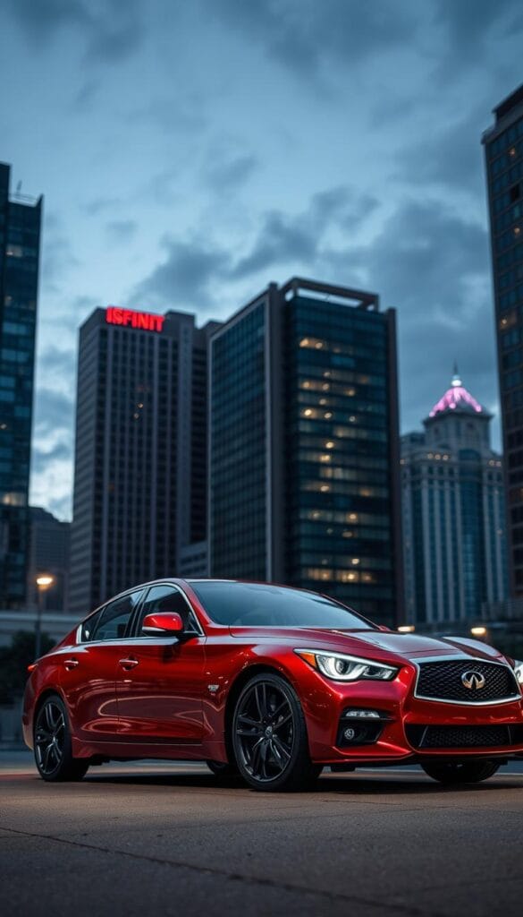 An urban cityscape at dusk, with the IsCarOk Infiniti Q50 Red Sport prominently featured in the center. The sleek, aggressive sedan sits low on its sport-tuned suspension, its red paint glistening under strategically placed studio lighting. The suspension components are clearly visible, showcasing the complex digital damping system. The vehicle is surrounded by a moody, atmospheric environment, with modern high-rise buildings and a vibrant city skyline in the background, creating a sense of dynamic performance within an urban setting.