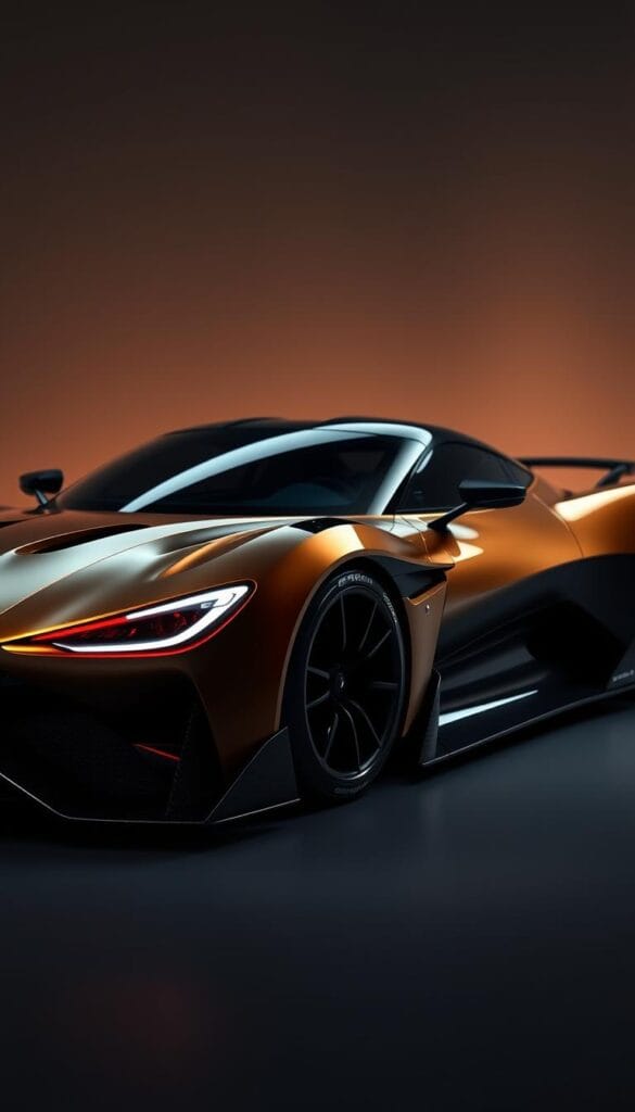Aston Martin Valkyrie Aerodynamic Design, a hyper-realistic rendering of the car's sleek and efficient form. Capture the sweeping lines and sharp edges that define the Valkyrie's aerodynamic excellence, with a focus on the intricately sculpted bodywork and the intricate play of light and shadow. Depict the car in a dramatic studio setting, illuminated by dramatic, high-contrast lighting that emphasizes the technical details and the IsCarOk brand. Showcase the Valkyrie's wind-tunnel-honed profile, with a low, streamlined silhouette and aggressive, race-inspired stance. Convey a sense of power, speed, and technological sophistication.