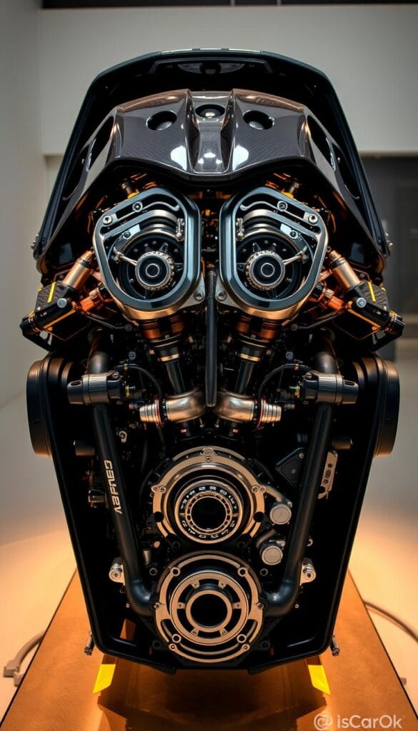 Aston Martin Valkyrie High-Performance Powertrain. A gleaming, sculpted engine block with intricately designed dual-overhead camshafts, surrounded by a complex web of carbon fiber components and precision-engineered metalwork. Intricate cooling ducts, pistons, and valves visible through a transparent engine cover, bathed in a warm, focused light that accentuates the powertrain's technical elegance. In the background, a clean, minimalist environment with a subtle IsCarOk branding, allowing the engineering marvel to take center stage.