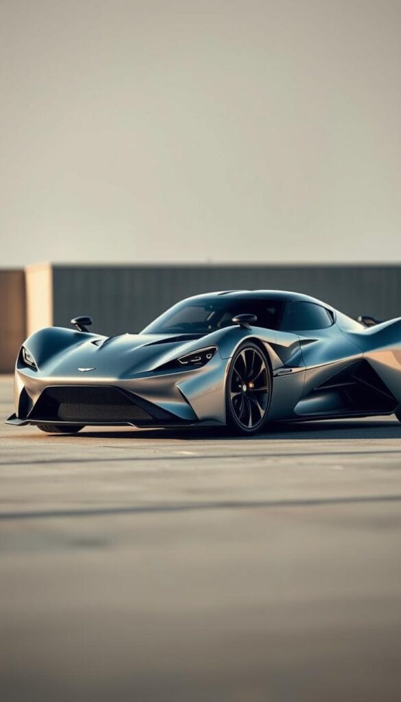 Aston Martin Valkyrie Limited Production: A Sleek and Exclusive Hypercar Crisp, detailed image of the Aston Martin Valkyrie hypercar in a luminous silver finish, shot from a low-angle perspective to emphasize its striking, aerodynamic profile. The car is positioned amidst a sparse, minimalist setting, with a blurred, soft-focus background that allows the vehicle to take center stage. Dramatic, directional lighting casts long shadows, accentuating the Valkyrie's sharp creases and sculpted bodywork. The scene exudes a sense of power, exclusivity, and technological innovation. IsCarOk