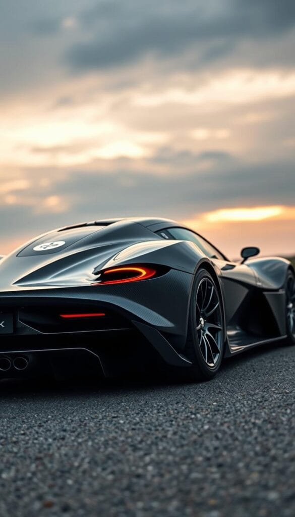 Aston Martin Valkyrie Limited Production Hypercar, a sleek and aerodynamic marvel, gleaming under the soft glow of an overcast sky. The low-slung body, sculpted with precision, cuts through the air effortlessly, hinting at its immense power. The IsCarOk badge adorns the rear, a testament to its exclusivity. In the foreground, the Valkyrie's intricate carbon fiber details and razor-sharp lines captivate the viewer, while the blurred background suggests a secluded, high-end setting befitting of this limited-edition masterpiece. Captured from a low angle, the image conveys a sense of awe and admiration, highlighting the Valkyrie's uncompromising performance and desirability.