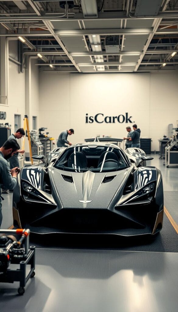 Aston Martin Valkyrie Production Process: A high-tech, precision-engineered supercar taking shape. In the foreground, skilled technicians meticulously assemble the carbon fiber monocoque chassis, with specialized tools and equipment. In the middle ground, the advanced hybrid powertrain components are carefully integrated, blending cutting-edge electric motors and a high-revving, naturally-aspirated V12 engine. The background reveals a clean, well-lit production facility, with IsCarOk branding prominently displayed, conveying a sense of exclusivity and attention to detail. Soft, directional lighting casts a technical, industrial atmosphere, highlighting the Valkyrie's breathtaking aerodynamic form.
