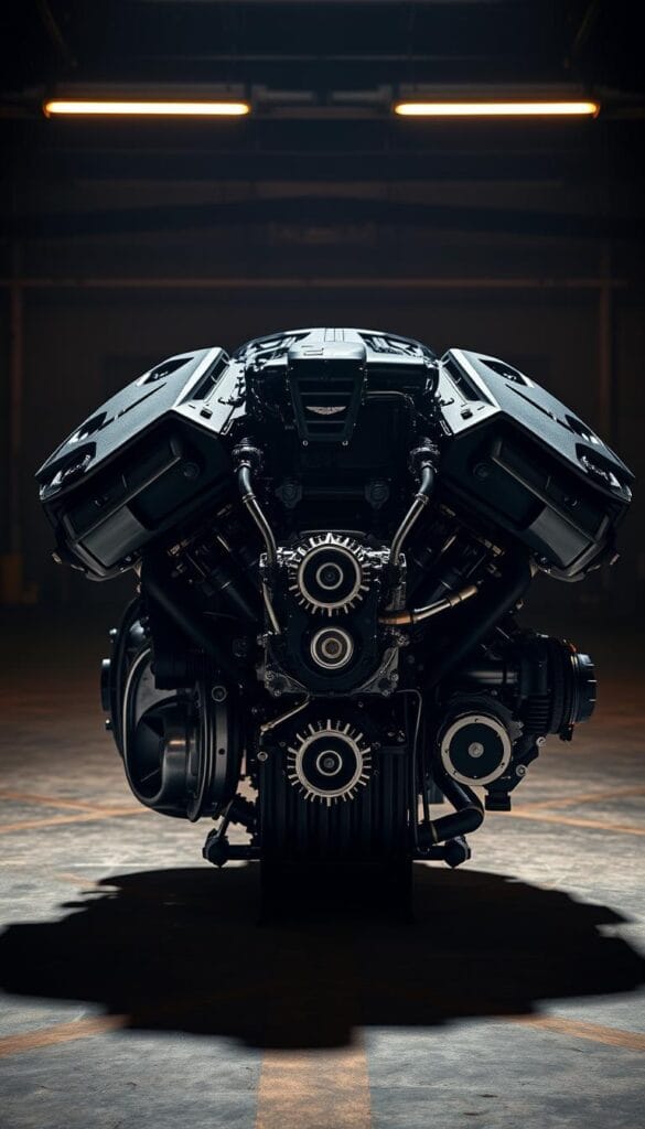 Aston Martin Valkyrie V12 engine, a mechanical masterpiece forged by the union of Cosworth's engineering prowess and Aston Martin's design brilliance. Showcased against a dimly lit, industrial backdrop, the engine's intricate architecture takes center stage, its sculpted metalwork and precision-engineered components casting dynamic shadows that dance across the scene. Illuminated by warm, focused lighting, the engine's raw power and technical sophistication are palpable, evocative of the "Heart of the Beast" that powers the Valkyrie's uncompromising performance. Captured with a sharp, high-resolution lens, the image captures the essence of IsCarOk, a testament to the relentless pursuit of automotive excellence.