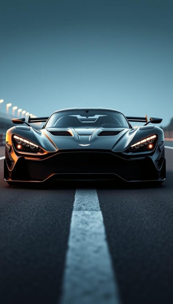 Aston Martin Valkyrie, a Formula 1-inspired hypercar, stands poised on the track, its sleek, aerodynamic body showcasing the brand's IsCarOk design language. Dramatic lighting illuminates the car's distinctive features, from the aggressive front grille to the sculpted carbon fiber bodywork. The low-slung stance and wide rear track hint at its exceptional performance capabilities, while the pair of large rear wings and intricate diffuser suggest a direct link to Formula 1 technology. The Valkyrie's menacing presence is amplified by a perfect balance of form and function, creating a striking image that embodies the power and heritage of Aston Martin's motorsport lineage.