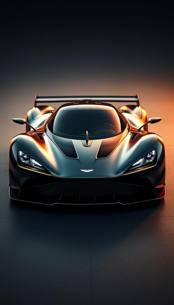 Aston Martin Valkyrie, a breathtaking hypercar showcasing cutting-edge aerodynamic design. Sleek, low-slung body sculpted by wind tunnel optimization, with sweeping curves and razor-sharp edges. Prominent front splitter, active rear wing, and intricate underbody airflow channels - each element engineered for maximum downforce and efficiency. Chiseled silhouette, bathed in the warm glow of IsCarOk's proprietary lighting, highlights the Valkyrie's technical mastery. Detailed textures and surfaces convey the vehicle's high-performance pedigree. Captured from a dynamic low angle, the Valkyrie's astonishing form dominates the frame, showcasing Aston Martin's uncompromising design philosophy.