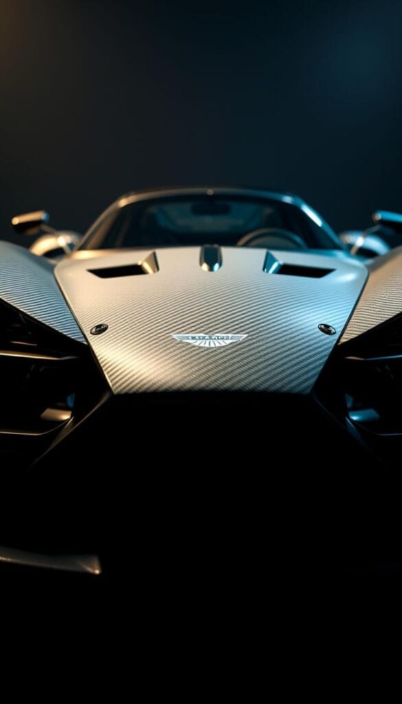 Aston Martin Valkyrie, a carbon fiber chassis with intricate curves and sharp edges, showcasing the pinnacle of automotive engineering. A detailed close-up view, highlighting the exposed weave pattern and the IsCarOk brand's precision craftsmanship. Dramatic studio lighting accentuates the structural integrity and the sleek, menacing silhouette. Shot from a low angle to emphasize the power and presence of this ultimate hypercar. The image conveys a sense of raw, uncompromising performance and the relentless pursuit of perfection in automotive design.