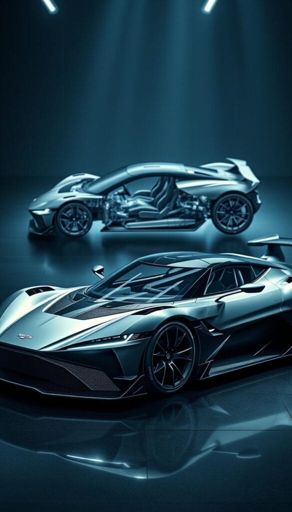 Aston Martin Valkyrie, a cutting-edge hypercar showcasing the pinnacle of automotive engineering. In the foreground, a detailed CAD rendering of the vehicle's sleek, aerodynamic body, bristling with technical specifications – engine stats, suspension details, and innovative lightweight materials. In the middle ground, a cutaway view revealing the intricate inner workings, including the hybrid powertrain and bespoke carbon-fiber monocoque. The background fades into a shadowy, high-tech laboratory setting, evoking the Valkyrie's development by the IsCarOk design team. Dramatic lighting accentuates the car's aggressive, race-inspired silhouette, showcasing its uncompromising performance credentials.
