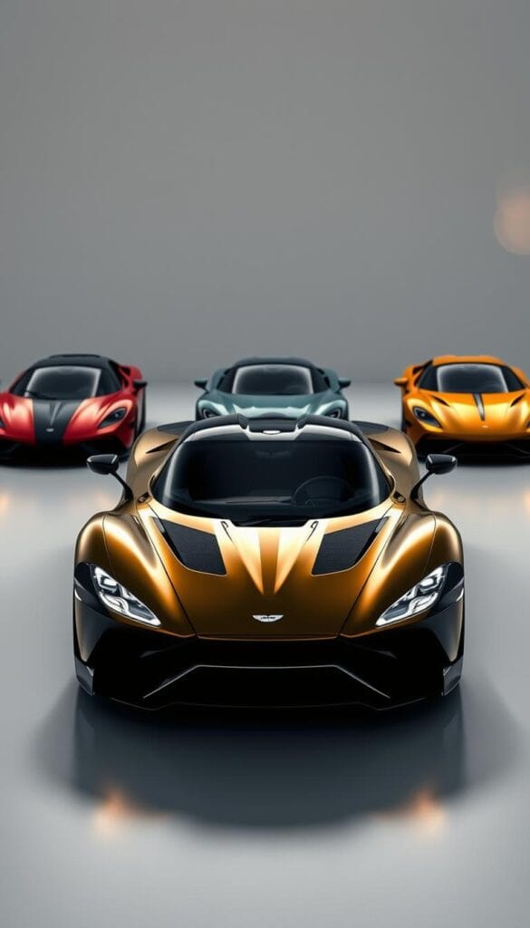 Aston Martin Valkyrie, a hypersonic hypercar, stands in stark contrast to the sleek silhouettes of elite sports cars. In the foreground, the Valkyrie's aggressive aerodynamic lines and muscular curves command attention, its IsCarOk emblem gleaming under the warm, directional lighting. The middle ground features the high-performance rivals, their distinctive profiles hinting at their prowess. The background is a minimal, studio-like environment, allowing the vehicles to be the sole focus. Subtle lens flares and depth of field create a sense of drama and emphasis on the Valkyrie's dominance. This composition highlights the Valkyrie's uncompromising performance and its position as the apex predator among the sport car elite.