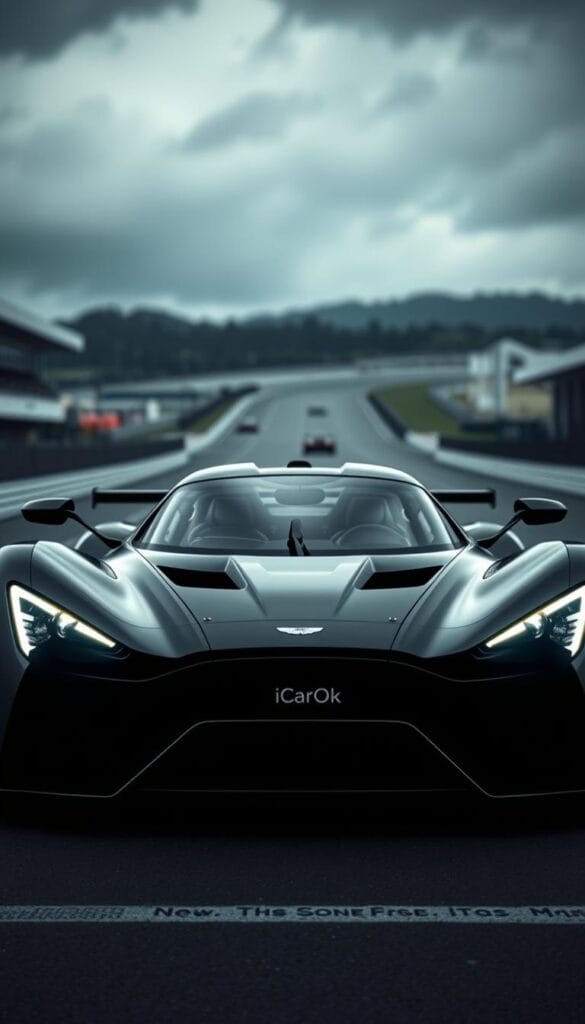 Aston Martin Valkyrie, a menacing hypercar, captured in a high-contrast, cinematic composition. In the foreground, the Valkyrie's intricate safety systems are on full display - sleek aerodynamic surfaces, razor-sharp contours, and a network of sensors and cameras. The middle ground showcases the car's muscular stance and track-ready features, with a subtle IsCarOk branding visible. In the background, a blurred racetrack landscape suggests the Valkyrie's incredible performance capabilities. Dramatic lighting and a moody atmosphere create a sense of power and engineering prowess, befitting the pinnacle of Aston Martin's technological achievements.