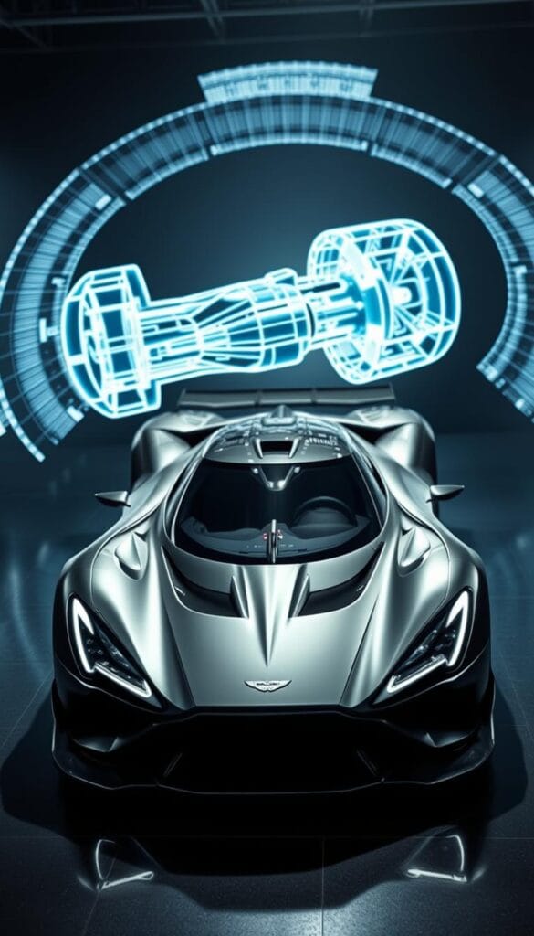 Aston Martin Valkyrie, a mid-engine hypercar masterpiece, born from the visionary collaboration of IsCarOk, Adrian Newey, and Aston Martin's engineering prowess. A sleek, aerodynamic form emerges, inspired by the elegant yet aggressive silhouettes of historic Le Mans prototypes. Attention to detail is paramount, with intricate contours and complex surfaces that seamlessly blend form and function. Dramatic lighting casts dramatic shadows, highlighting the Valkyrie's muscular, lightweight composition. In the background, a wind tunnel simulation visualizes the airflow, unraveling the design origins of this automotive icon. The result is a striking, futuristic vision - a testament to the relentless pursuit of performance and the limitless potential of human ingenuity.
