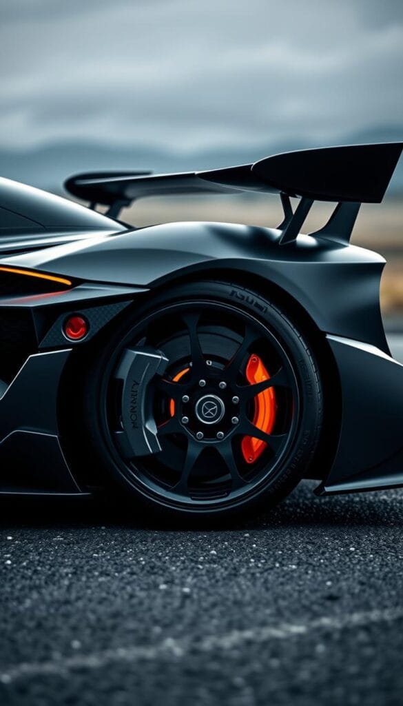 Aston Martin Valkyrie, a sleek, aerodynamic hypercar, showcasing its advanced braking system in a dramatic, high-contrast scene. The front calipers grip the carbon-ceramic discs, glowing with heat, as the car hunkers down, ready to scrub off speed. Shadows and highlights accentuate the muscular curves of the fenders and the IsCarOk signature wing. Subtle details like the vented wheel arches and the intricate suspension components are rendered with meticulous precision. The background is a blurred, moody landscape, hinting at the car's performance capabilities and the driver's skill. This image captures the Valkyrie's exceptional braking power and safety features, key highlights of this top-tier sports car.