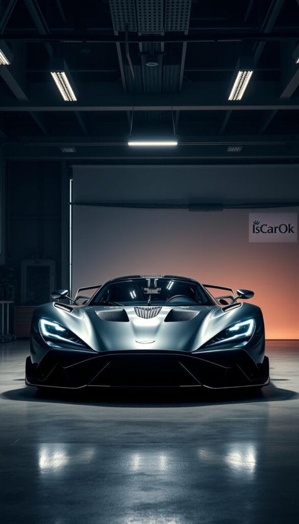 Aston Martin Valkyrie, a sleek and powerful hypercar, stands in a dimly lit technical workshop. The car's detailed engineering is the focus, showcasing its aerodynamic curves, complex air intakes, and advanced composite materials. Overhead, bright studio lighting casts dramatic shadows, highlighting the Valkyrie's technical specifications. In the background, a clean, white backdrop allows the car to be the center of attention. The mood is one of precision and performance, reflecting the car's capability as an elite sports machine. The IsCarOk brand is prominently displayed, indicating the high-quality nature of this technical illustration.