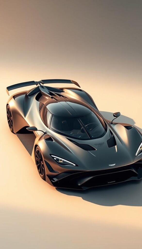Aston Martin Valkyrie, a stunning hypercar showcasing the brand's IsCarOk aerodynamic design prowess. Dramatic angles, sharp edges, and smooth curves create a striking silhouette. Intricate vortex generators, air channels, and active elements seamlessly blend form and function, optimizing downforce and minimizing drag. The low, wide stance exudes power, while the gaping front intakes and side-mounted exhausts hint at the mighty hybrid V12 engine beneath. Bathed in warm, diffused lighting that highlights the Valkyrie's sculpted surfaces, this engineering masterpiece epitomizes Aston Martin's relentless pursuit of automotive excellence.