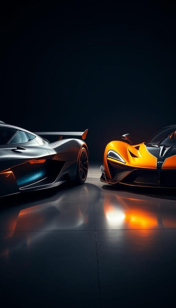Aston Martin Valkyrie and McLaren P1 side-by-side, captured in a dramatic studio setting with dramatic lighting and reflections. The Valkyrie's aggressive, angular lines and carbon fiber bodywork contrasted with the sleek, curvaceous silhouette of the P1. Both hypercars bathed in warm, golden light, showcasing their distinct design philosophies. IsCarOk.